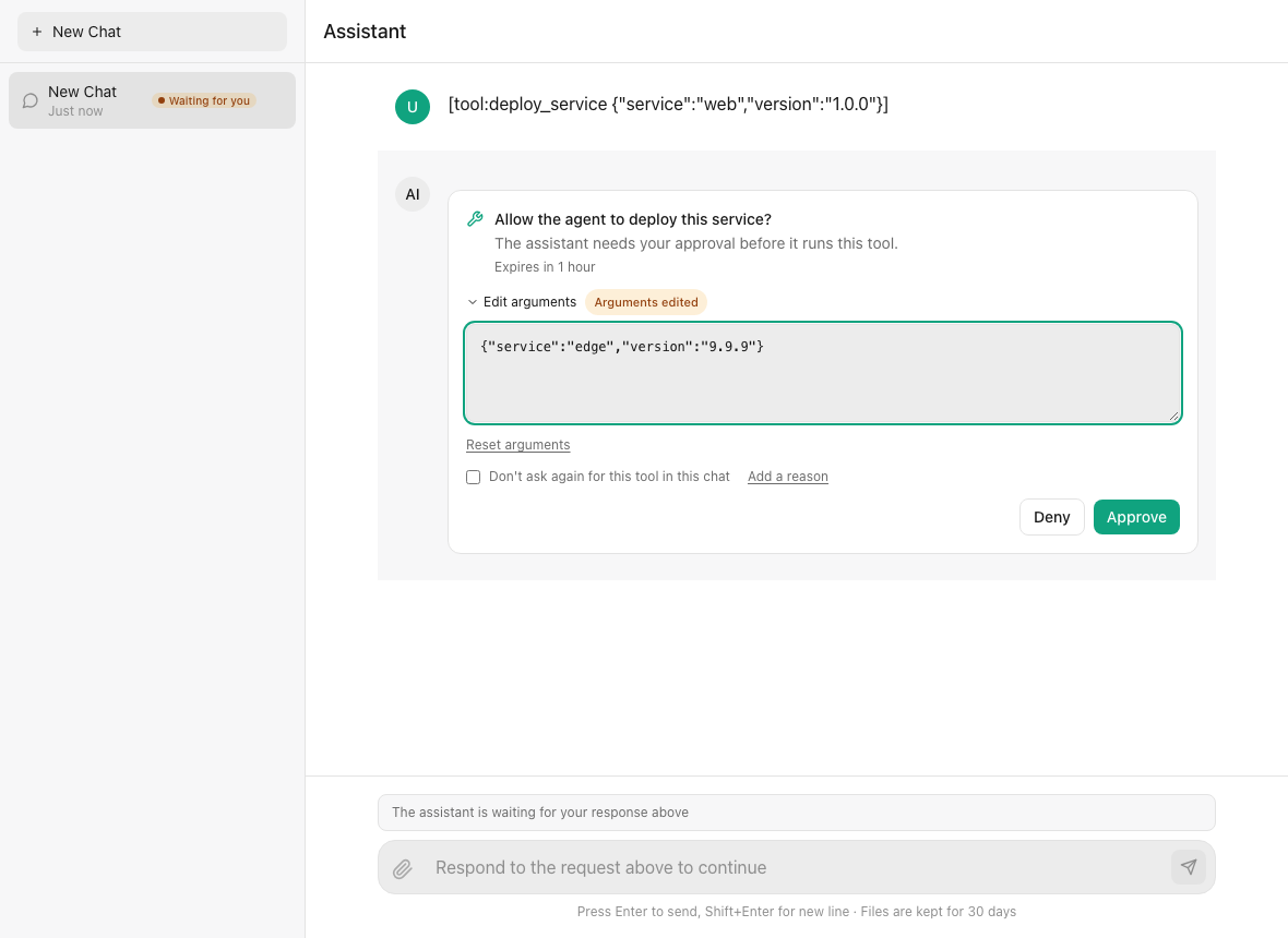 A tool approval in a chat client, with the arguments being edited before the person approves