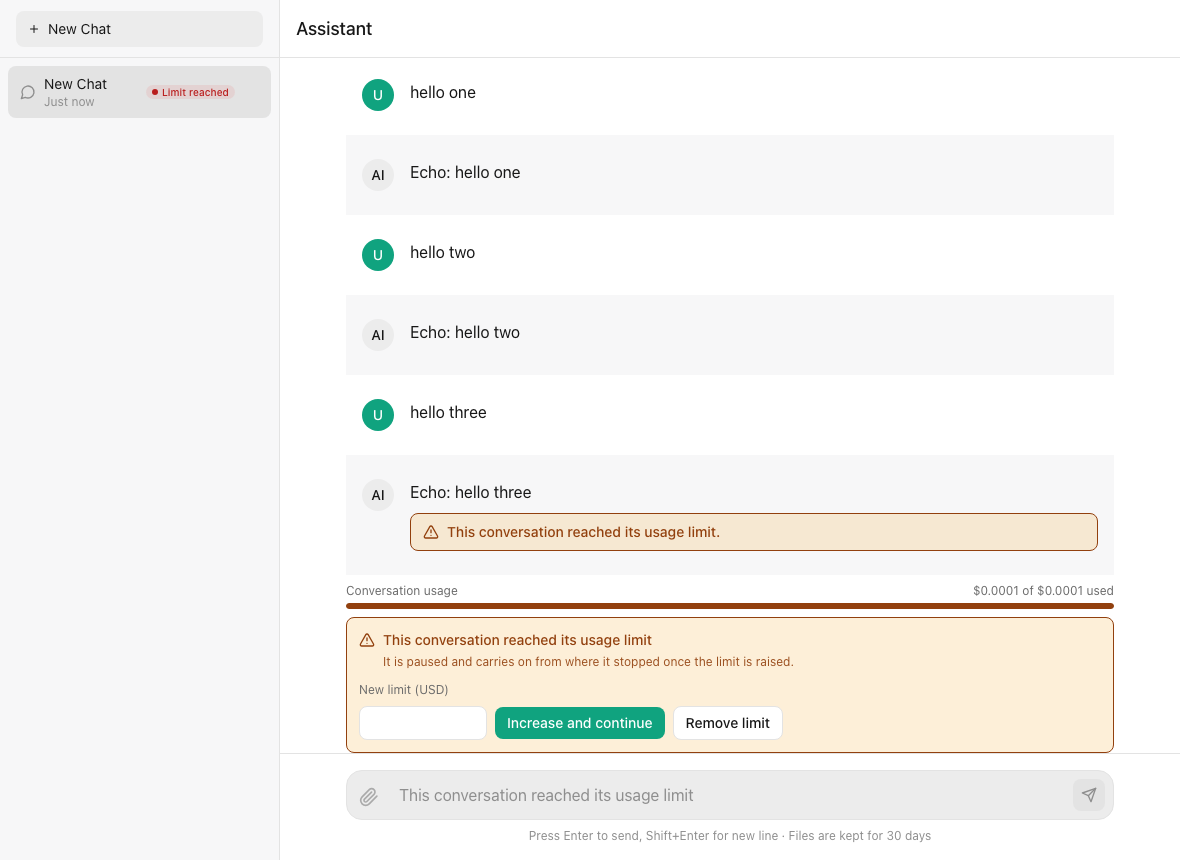 A chat client showing that a conversation reached its usage limit, with a field to raise the limit and buttons "Increase and continue" and "Remove limit"