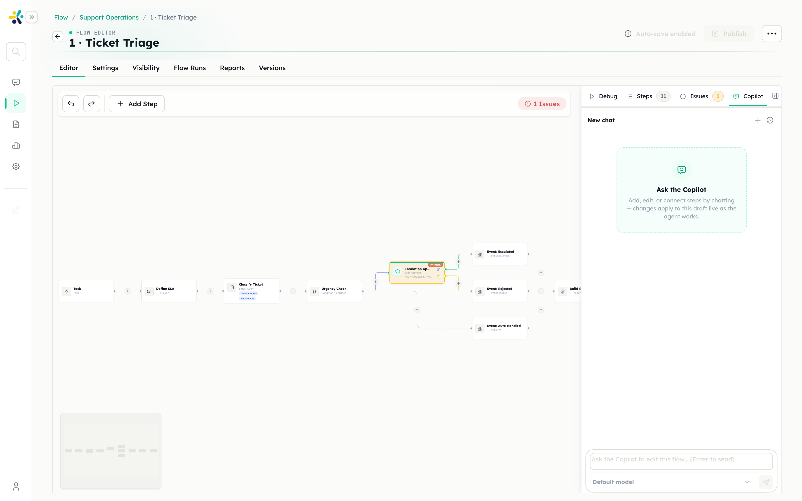 The flow editor with the side panel open