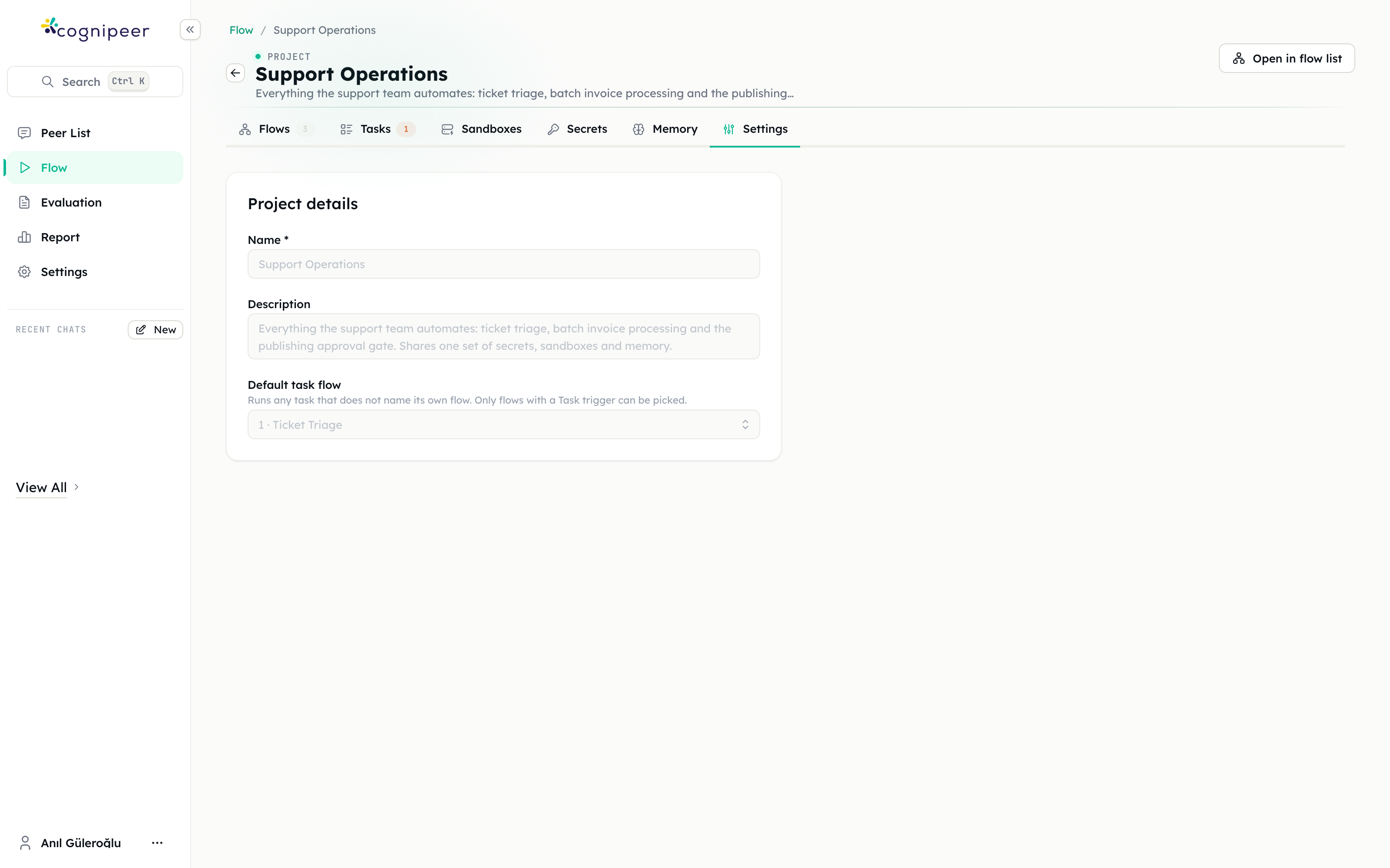 Project settings: name, description and default task flow