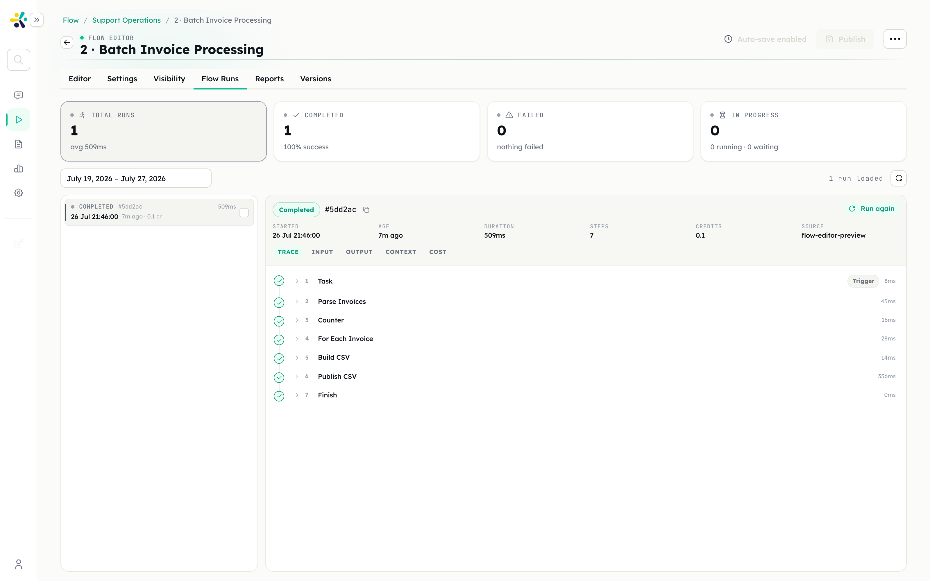 The Flow Runs tab with a completed run traced