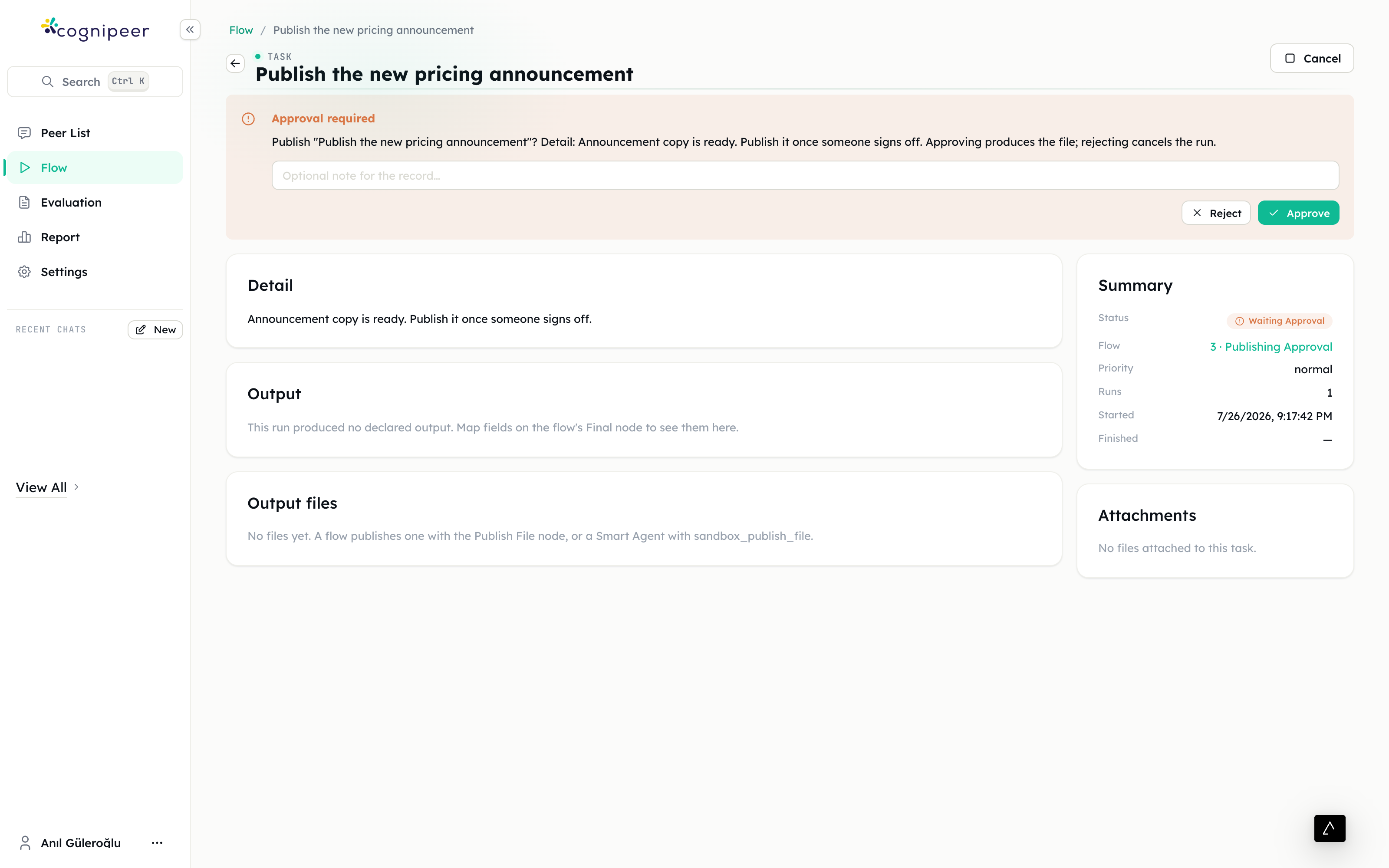 A task paused on an approval