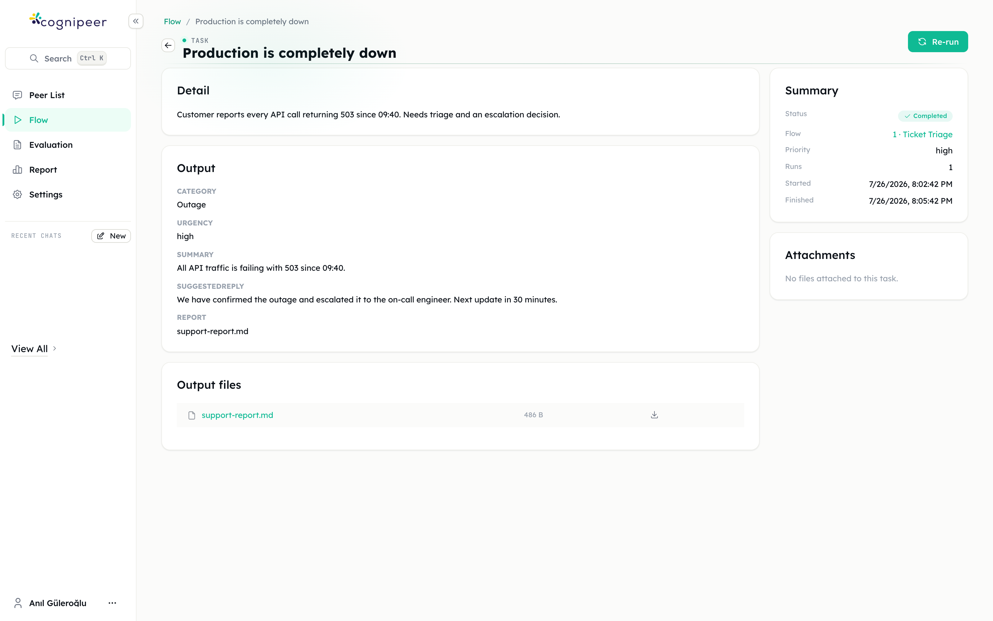 A completed task with its output and file