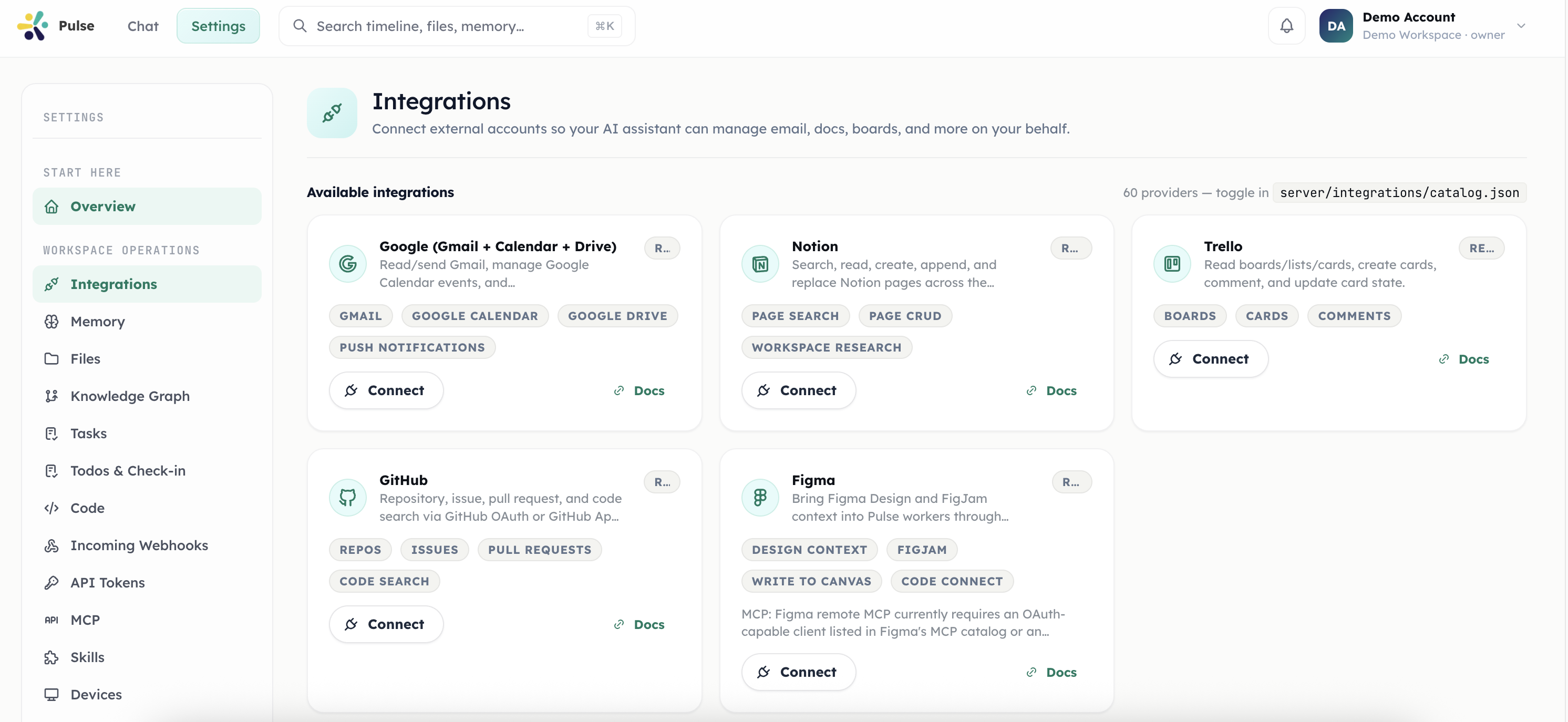 Pulse integrations settings showing available providers such as Google, Notion, Trello, GitHub, and Figma