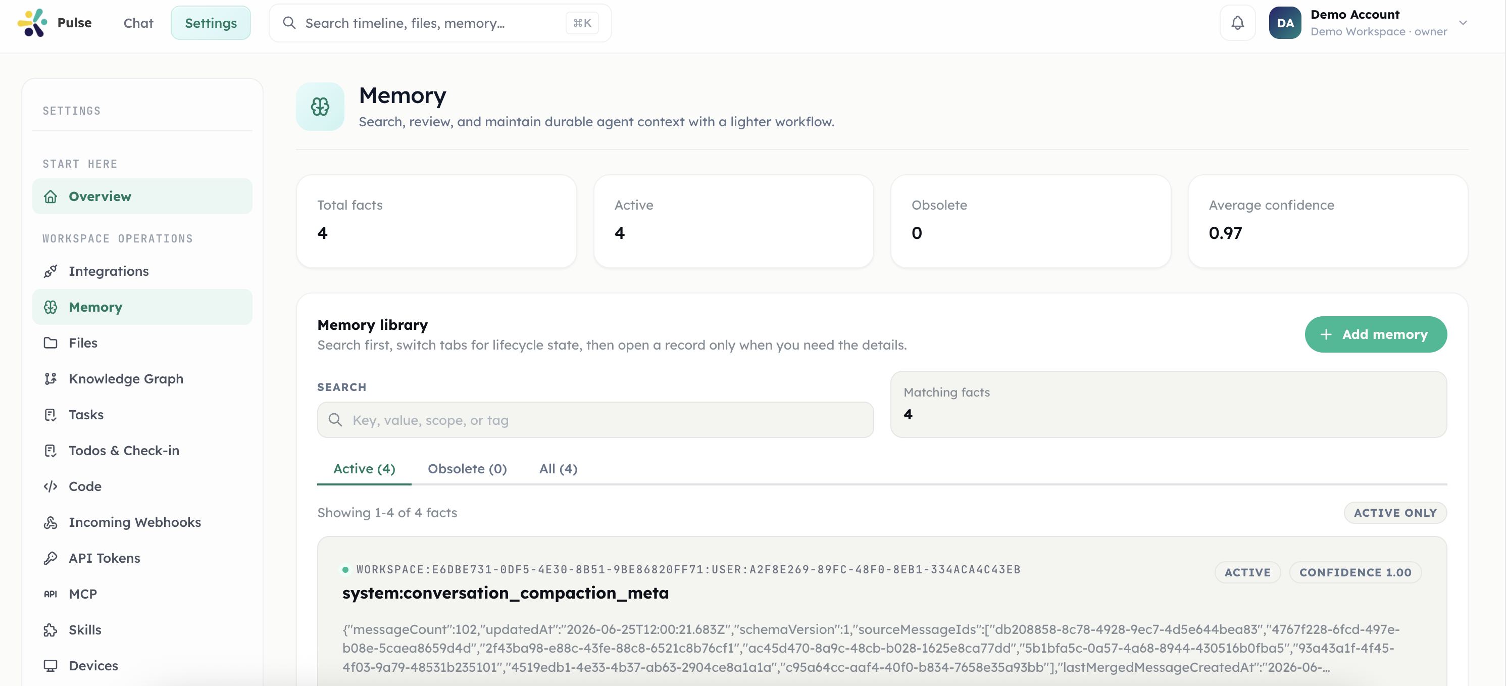 Pulse memory settings showing memory metrics, search, lifecycle tabs, and stored facts