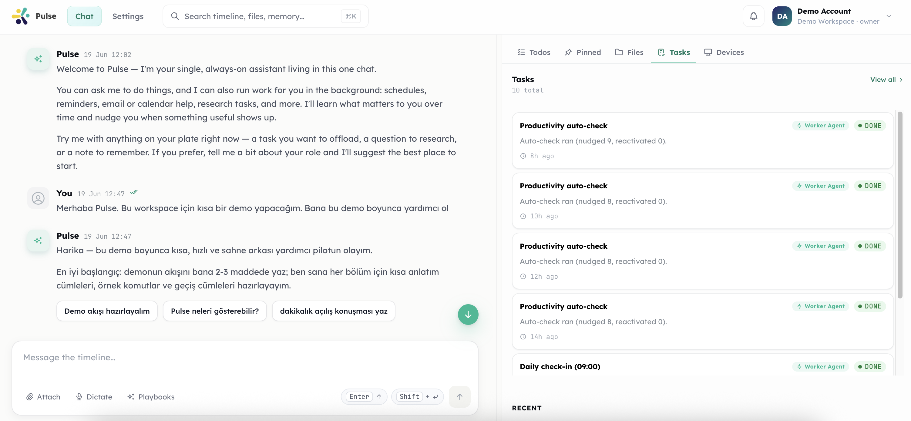 Pulse task panel showing completed worker-agent tasks alongside the active chat timeline