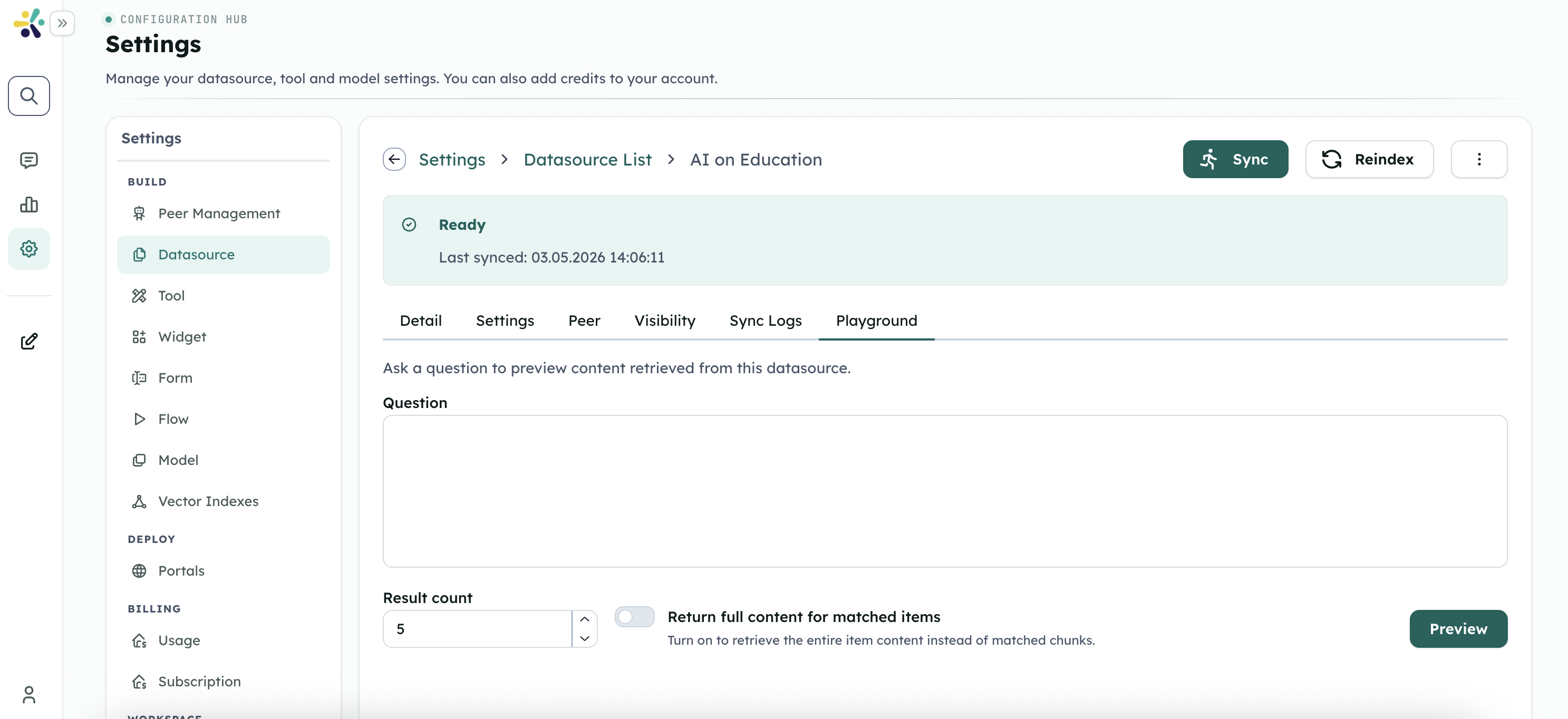 Studio datasource playground showing a ready datasource, playground tab, query input, result count, and preview controls
