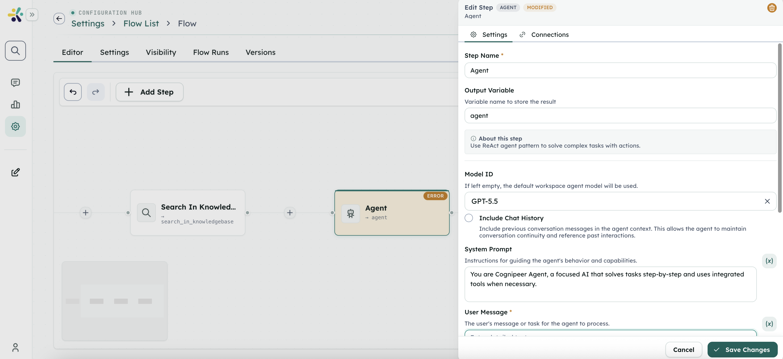 Studio Flow Agent step showing model, chat-history option, system prompt, and user message configuration