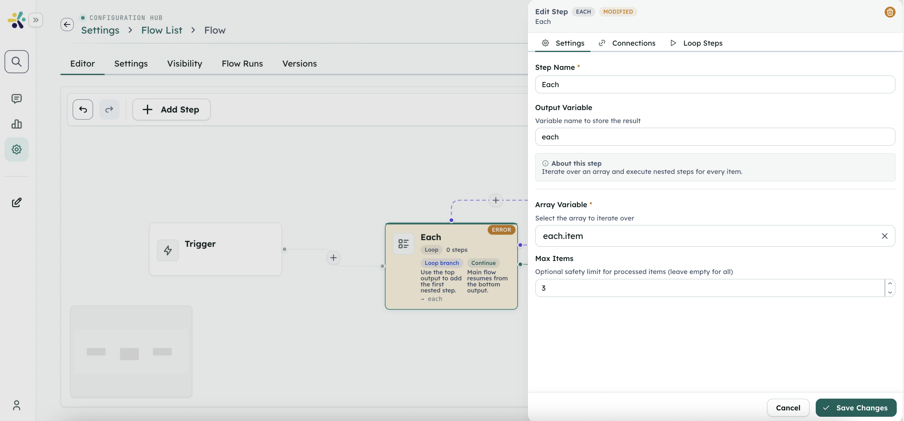 Studio Flow Each step showing array variable selection, max item limit, and loop branch outputs