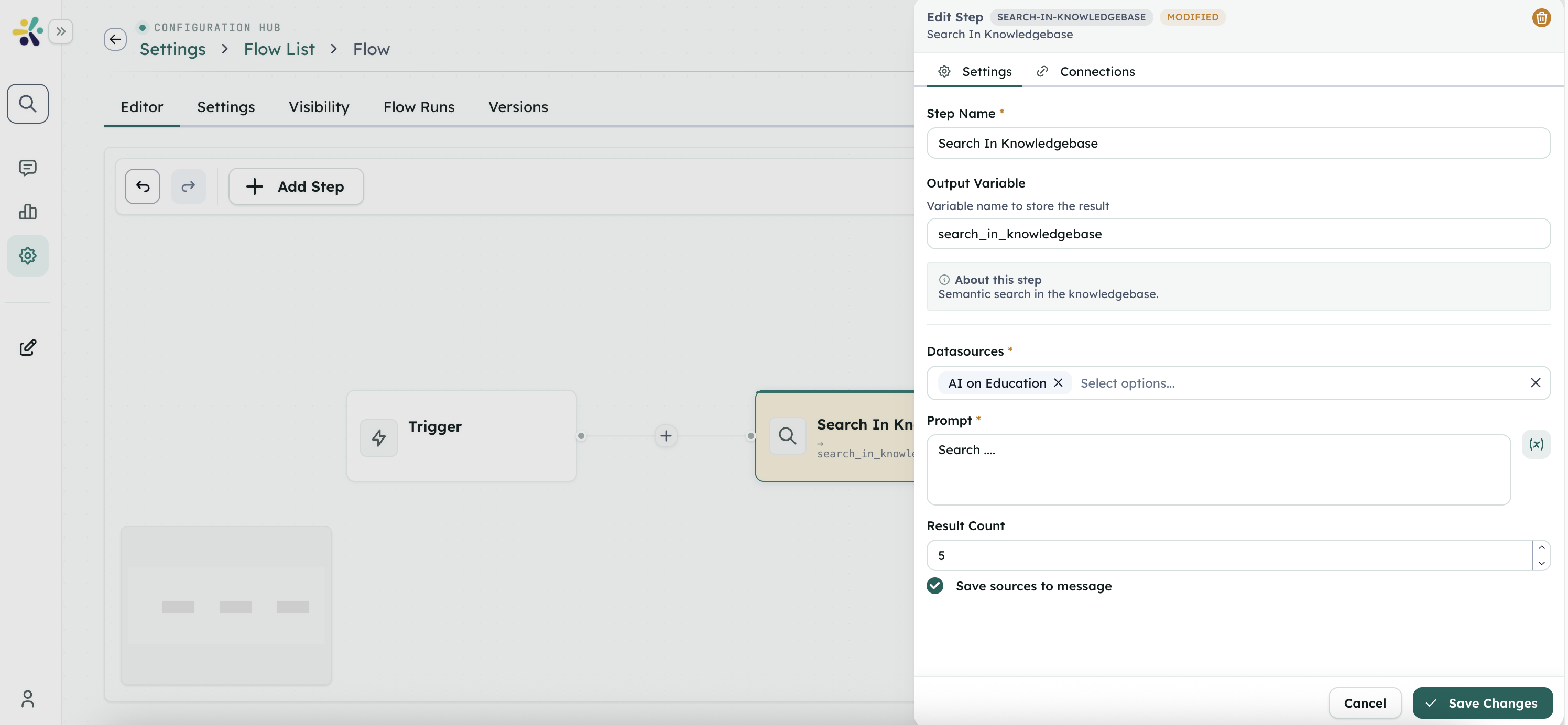 Studio Flow Search in Knowledgebase step showing datasource selection, prompt input, result count, and source saving option