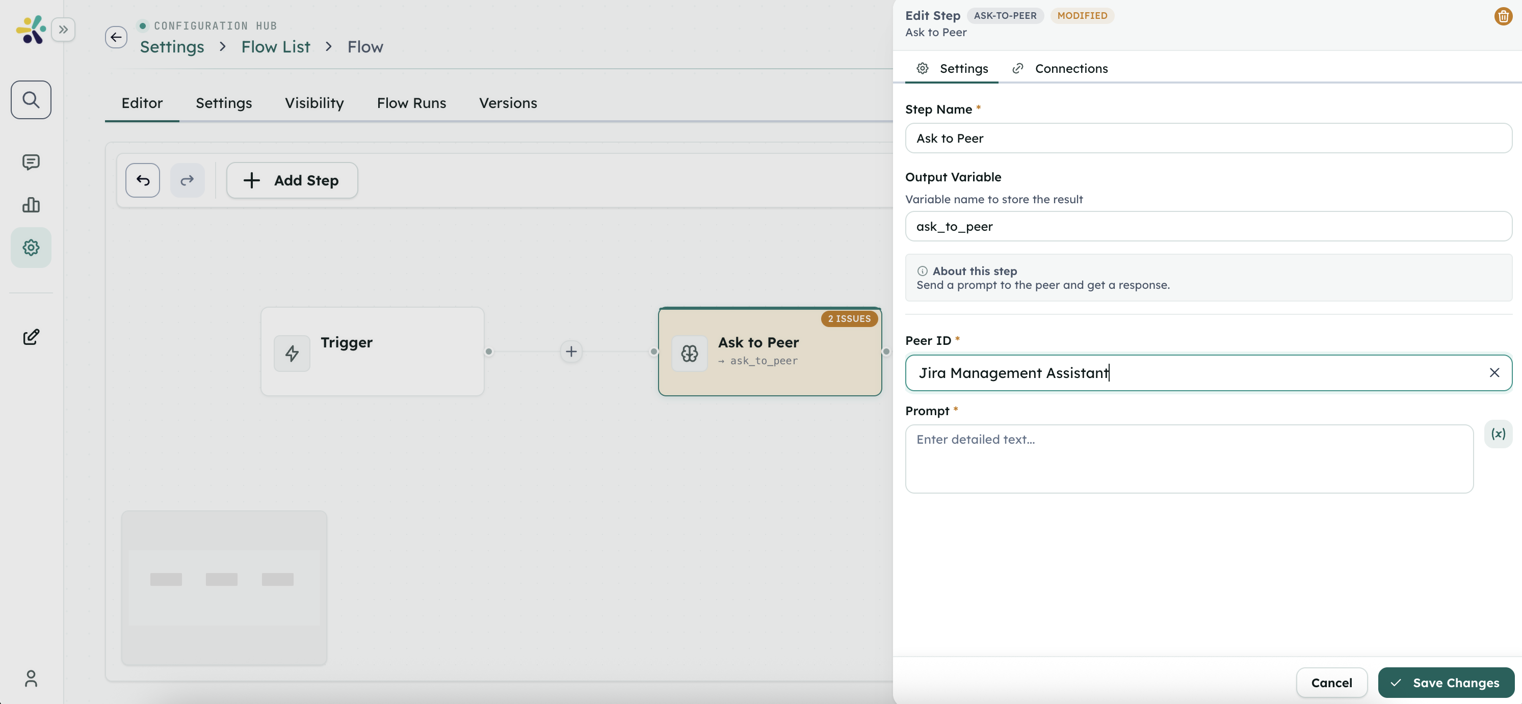 Studio Flow Ask to Peer step showing peer selection and prompt configuration