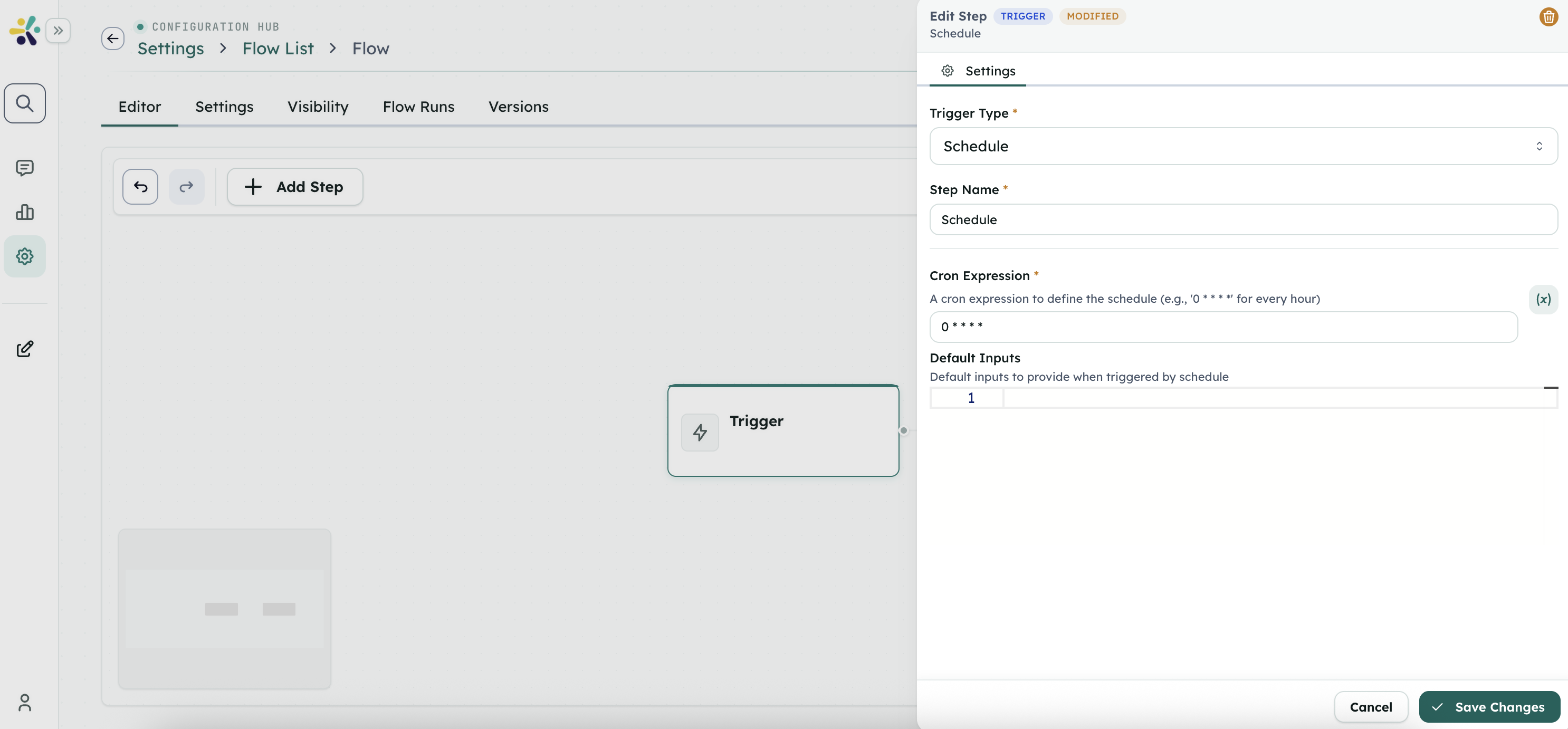 Studio Flow schedule trigger configuration showing trigger type, cron expression, and default inputs