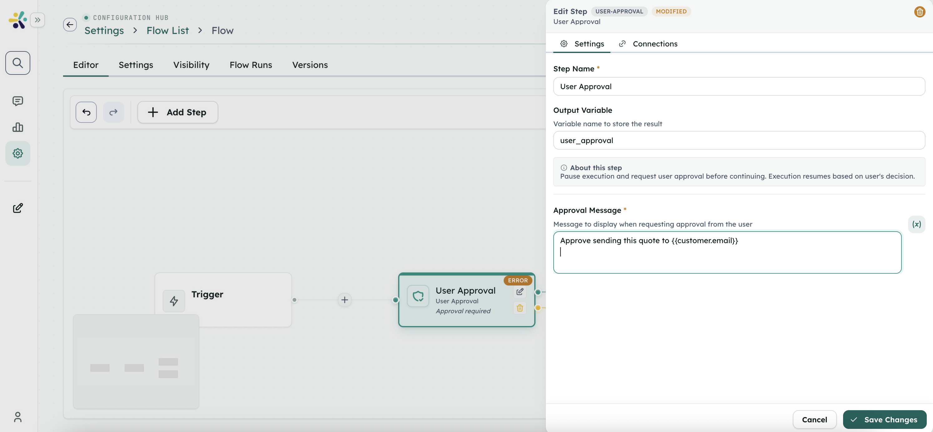 Studio Flow User Approval step showing an approval message with a templated customer email value