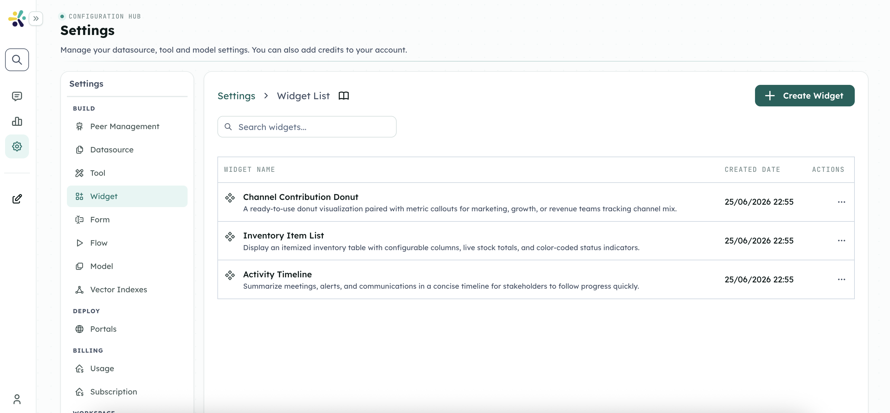 Studio widget list showing searchable workspace widgets and creation controls