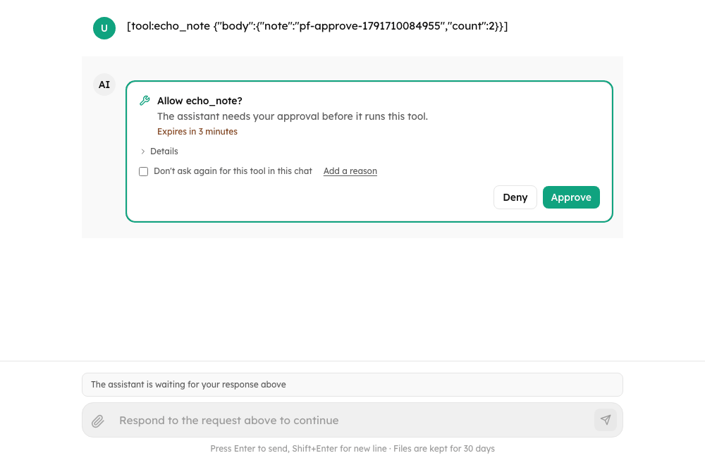 An approval card: the tool name, the time left, a Details toggle, a remember checkbox and Deny and Approve buttons, with the composer closed underneath