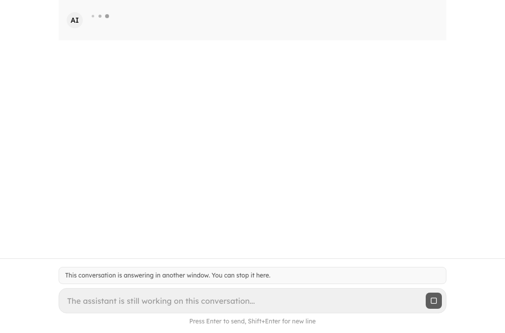 A conversation that is answering in another window: a Working badge in the history, a closed composer and a Stop button