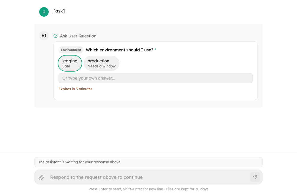 A question card with a required question, two options and a free-text field