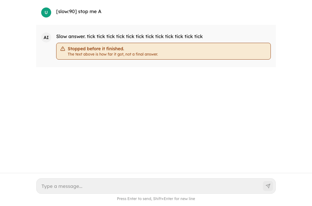 An answer stopped by the person: the text so far and a notice saying it is how far it got