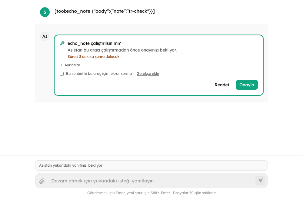 The same approval card in Turkish: the card, the sidebar and the composer are all translated