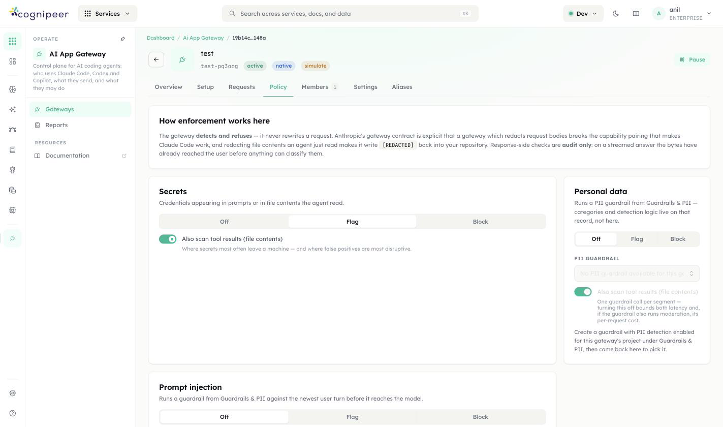 Policy tab — Secrets, Personal data, Prompt injection