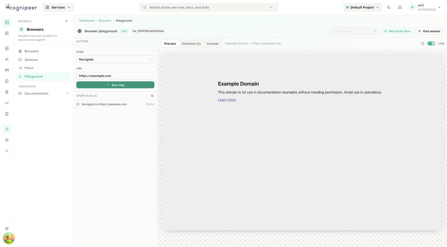 The playground: action composer on the left, live preview on the right
