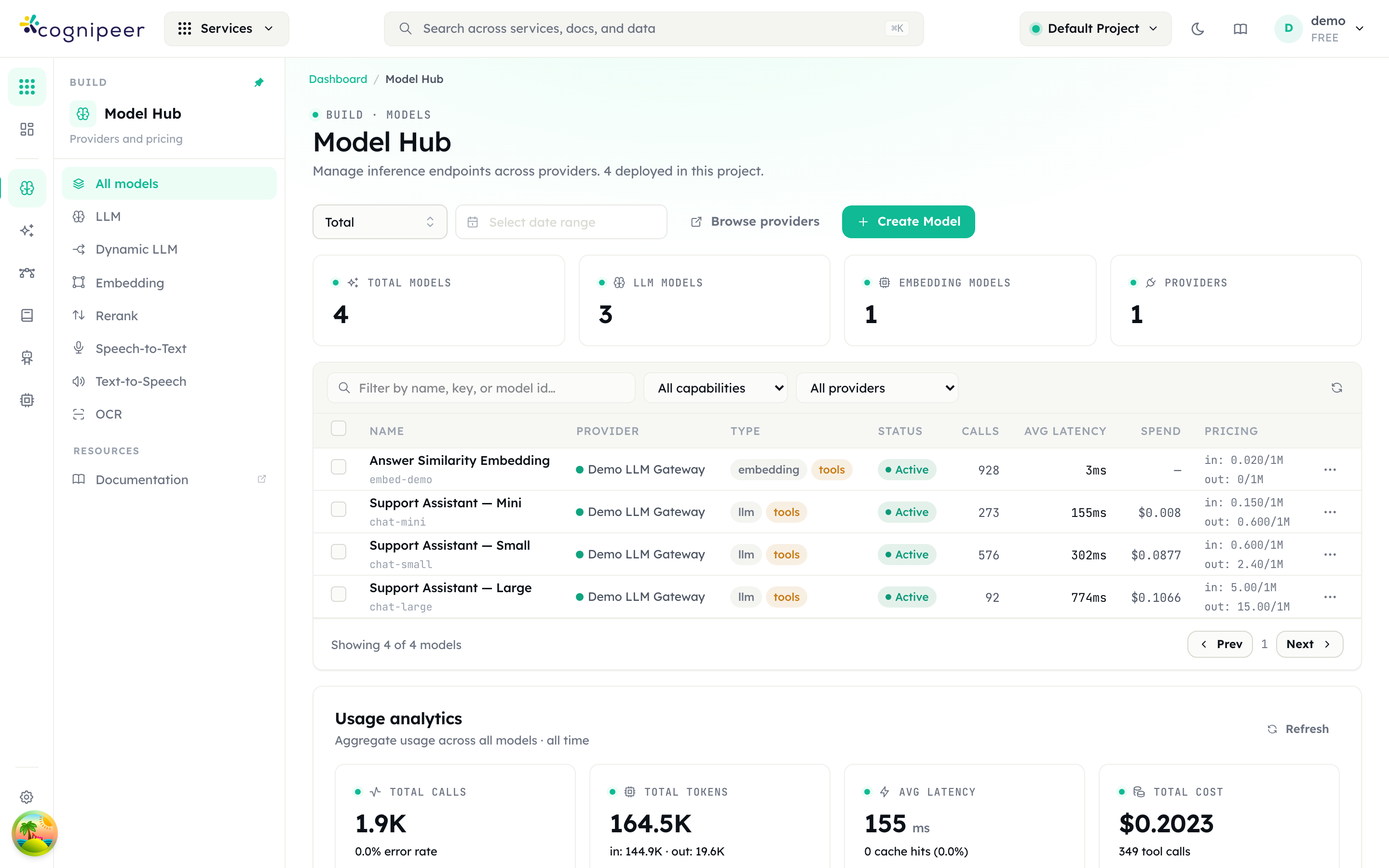 Model Hub with model keys visible under each display name