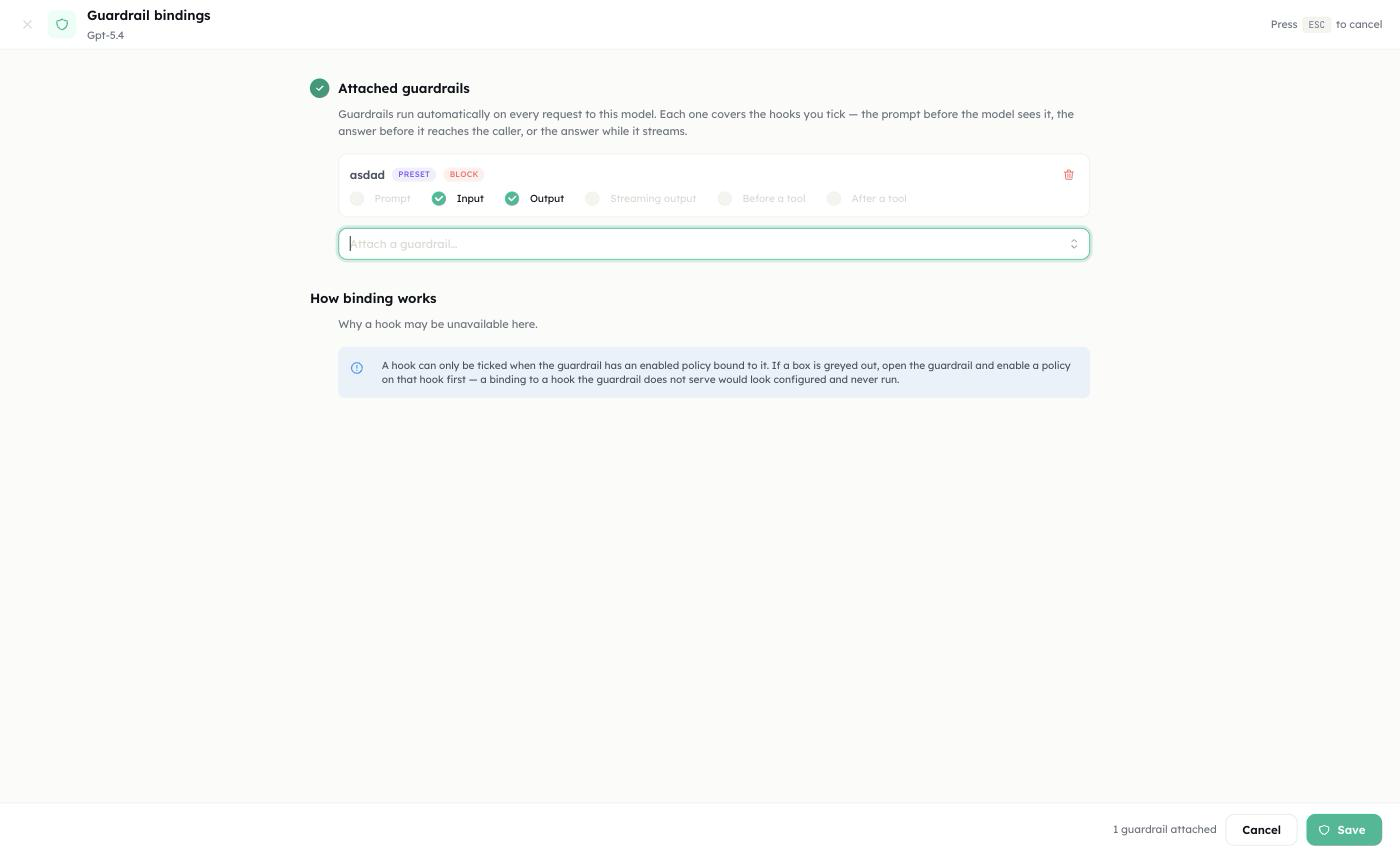 Guardrail bindings modal — per-hook checkboxes for an attached guardrail