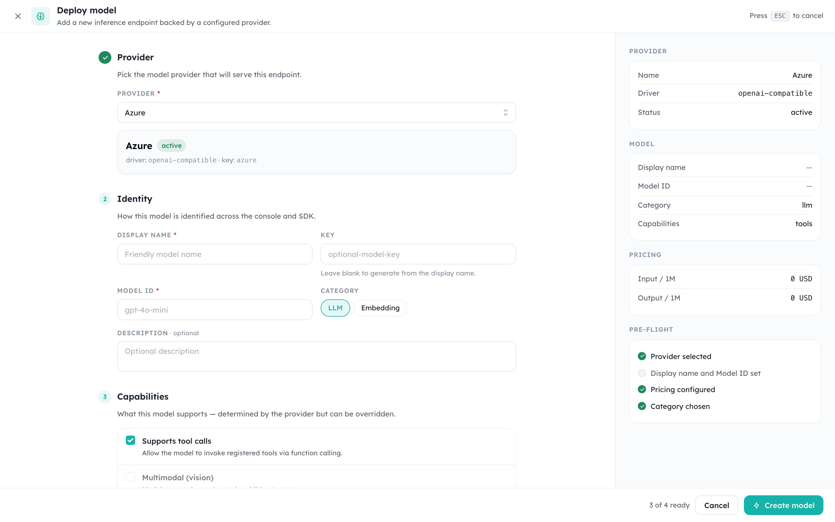 Deploy model dialog