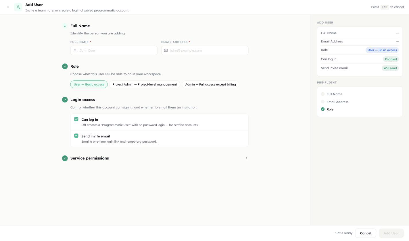 Add User modal — the "Can log in" toggle turns a normal member into a Programmatic User