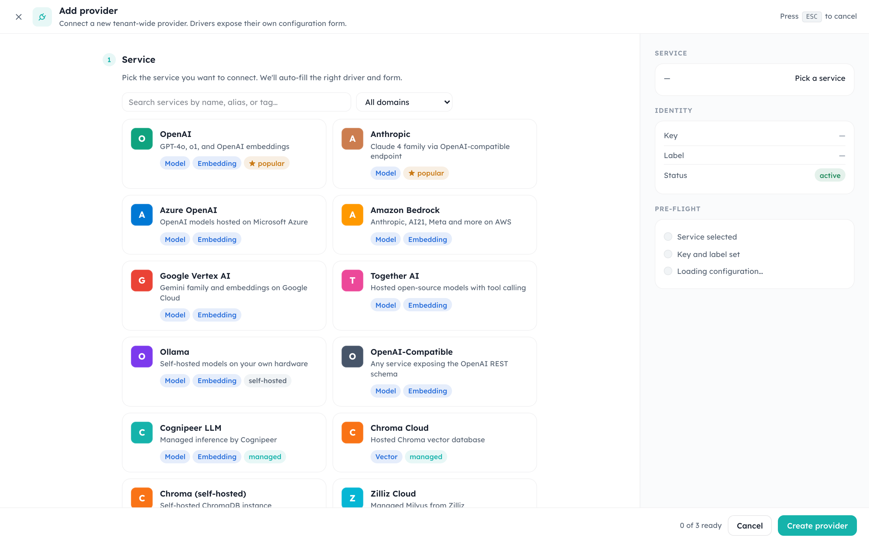Add provider — service picker