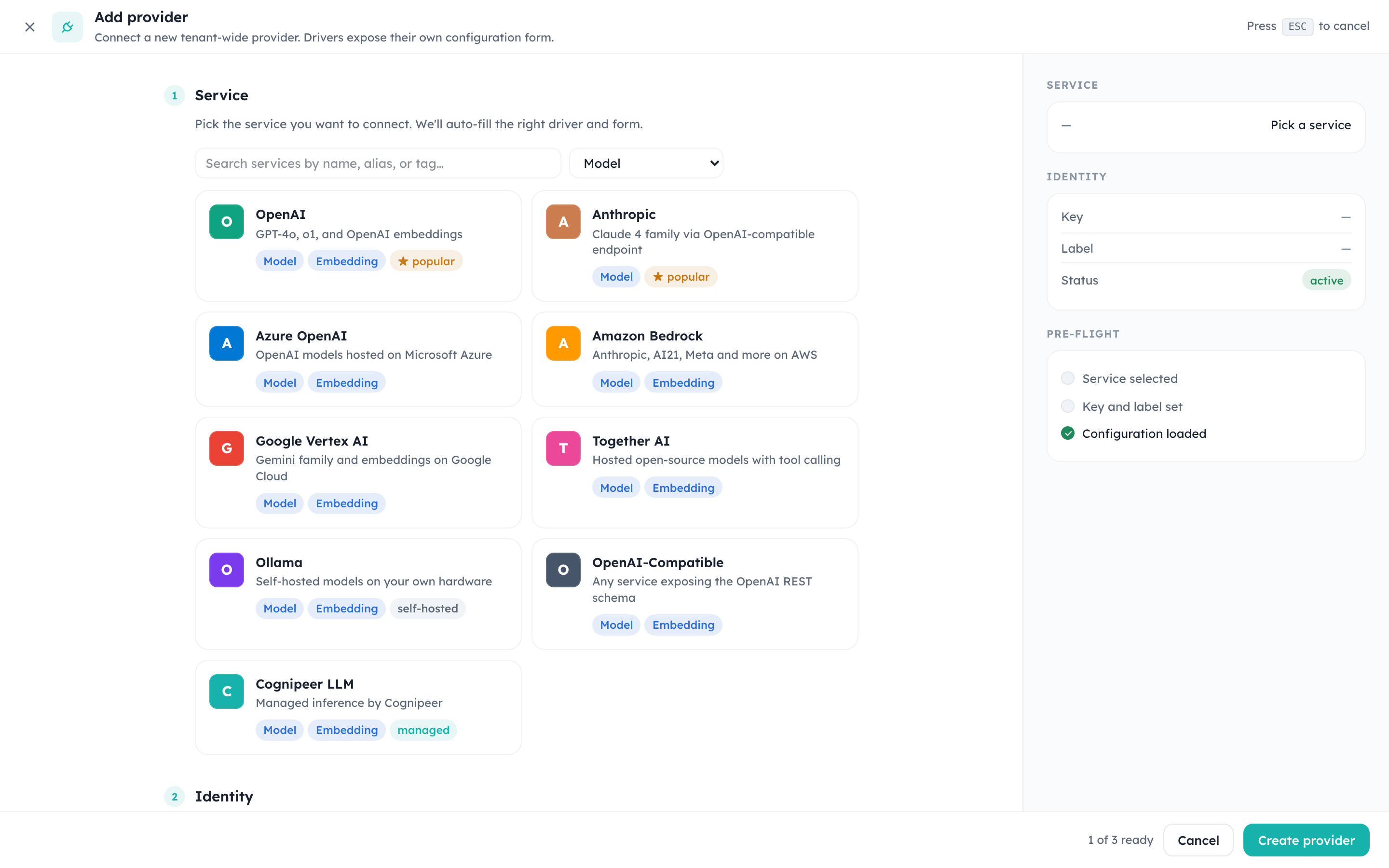 Add provider — filtered to Model domain
