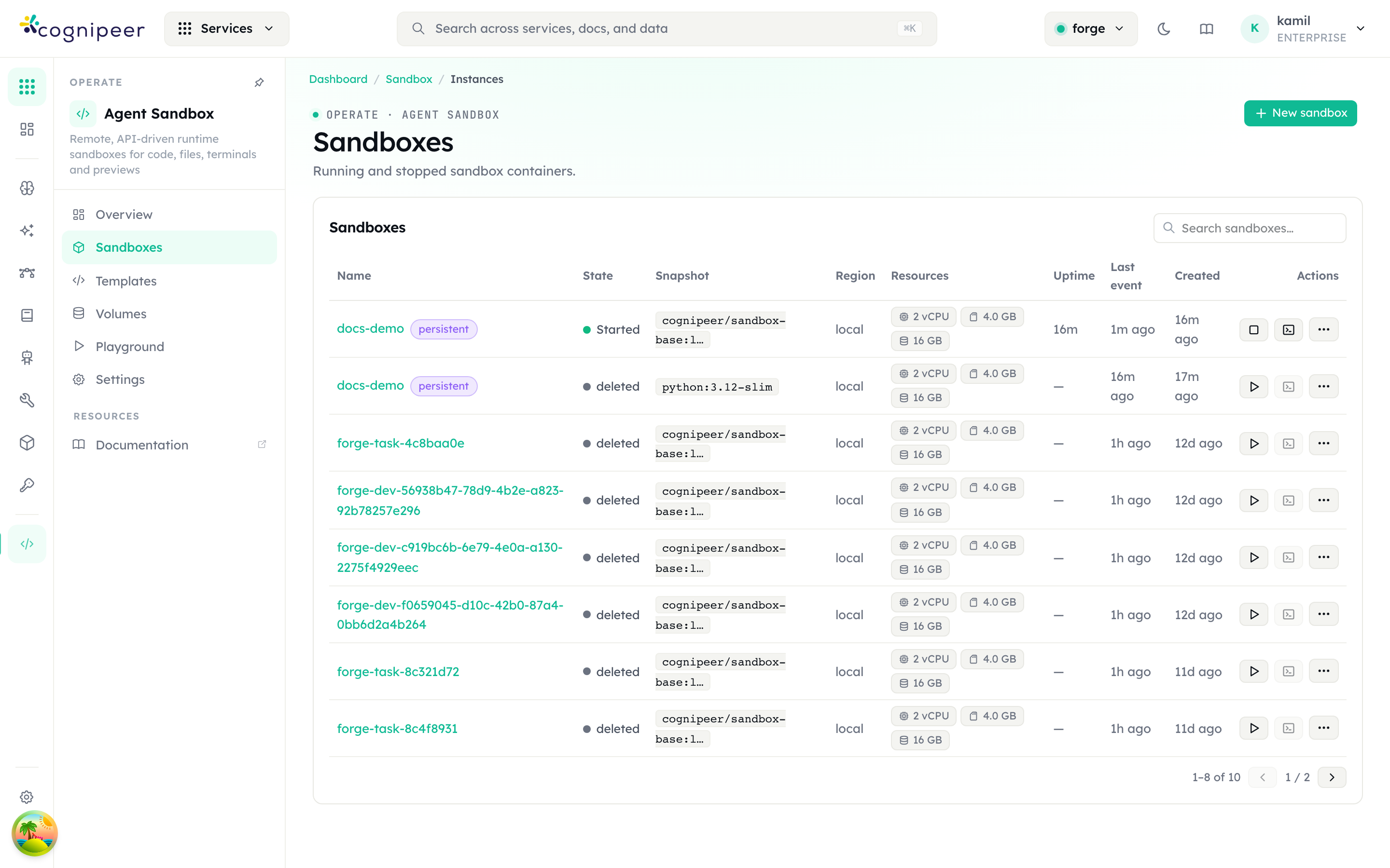 Sandboxes list