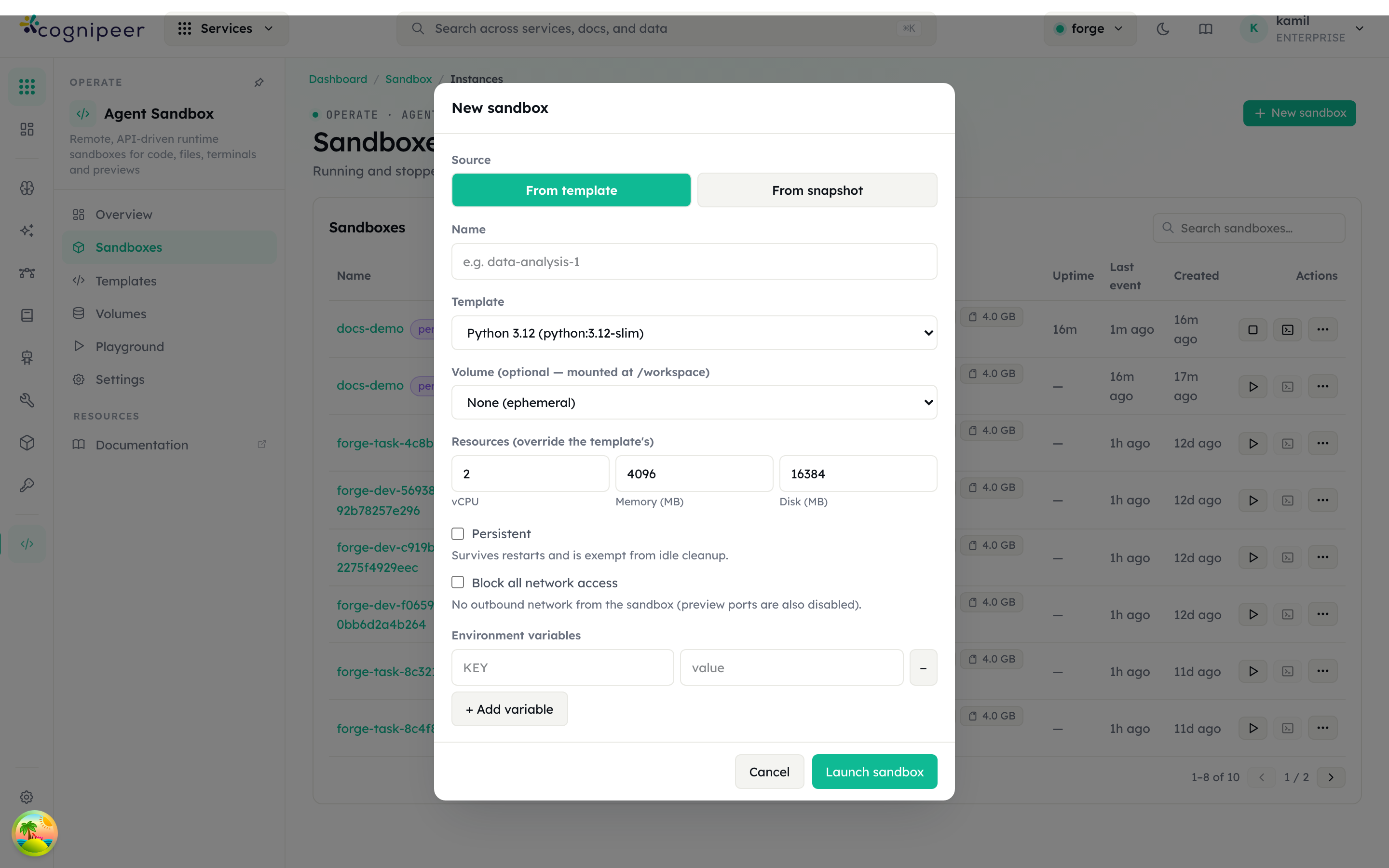 New sandbox dialog