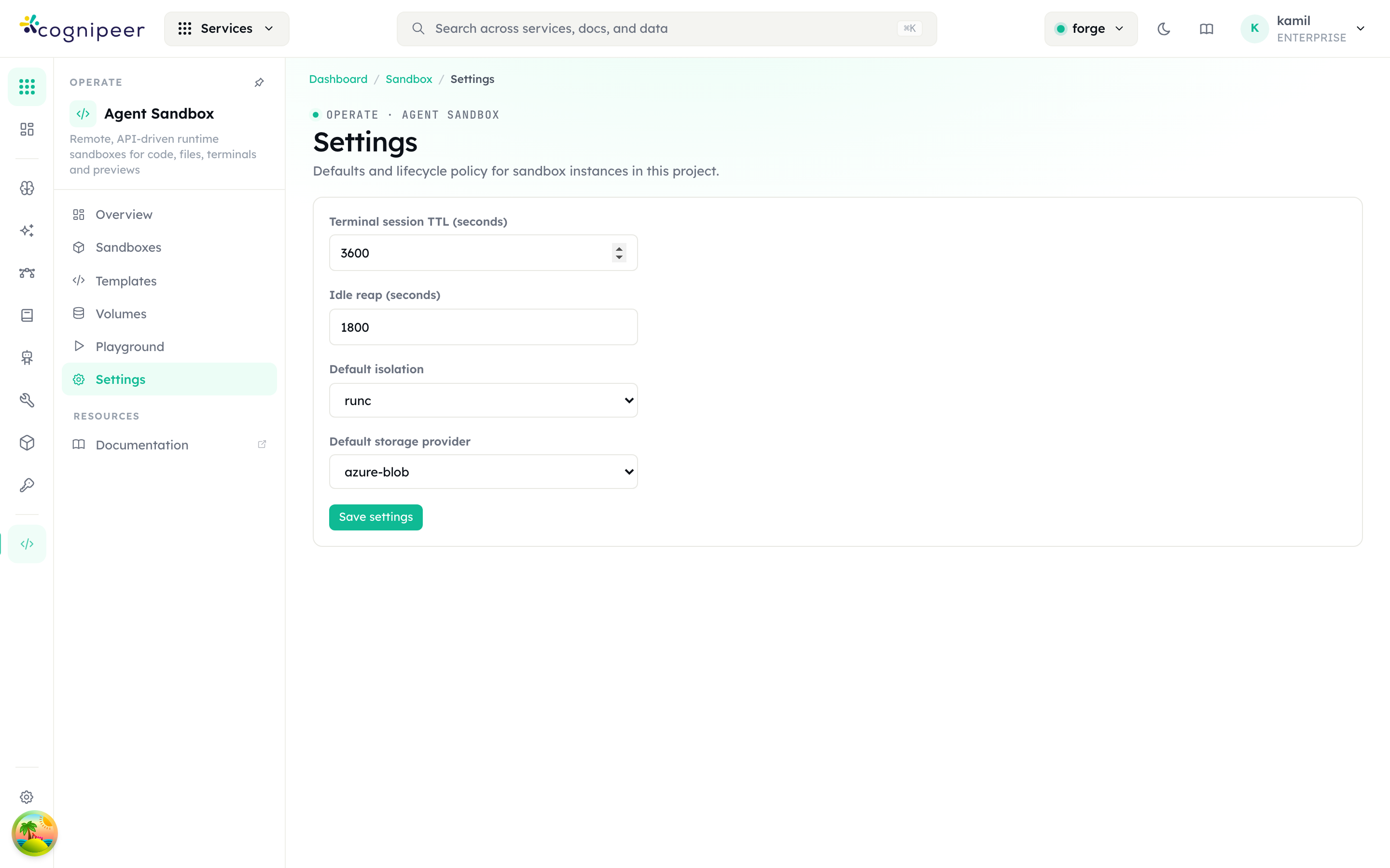 Sandbox settings