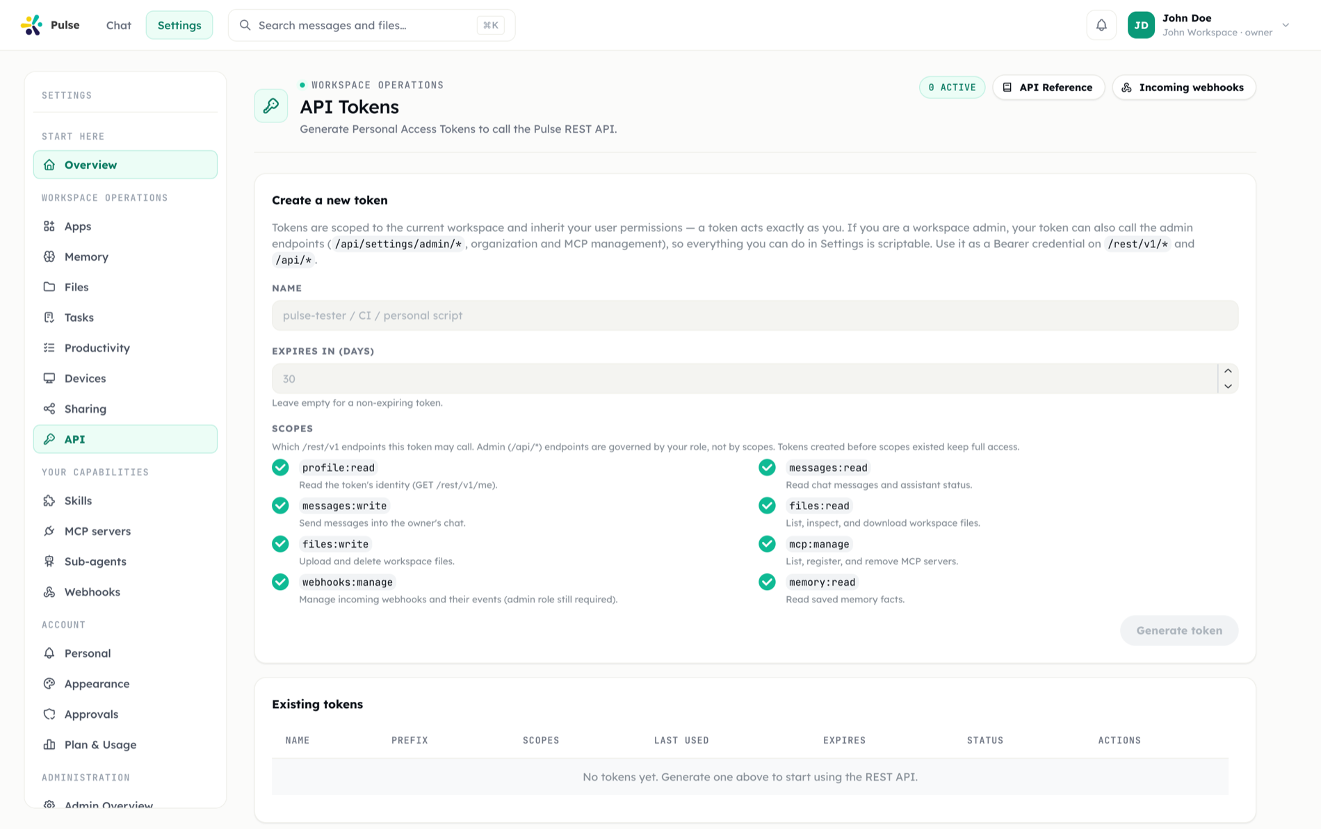 The API Tokens settings page, where a personal access token is generated with an explicit scope selection