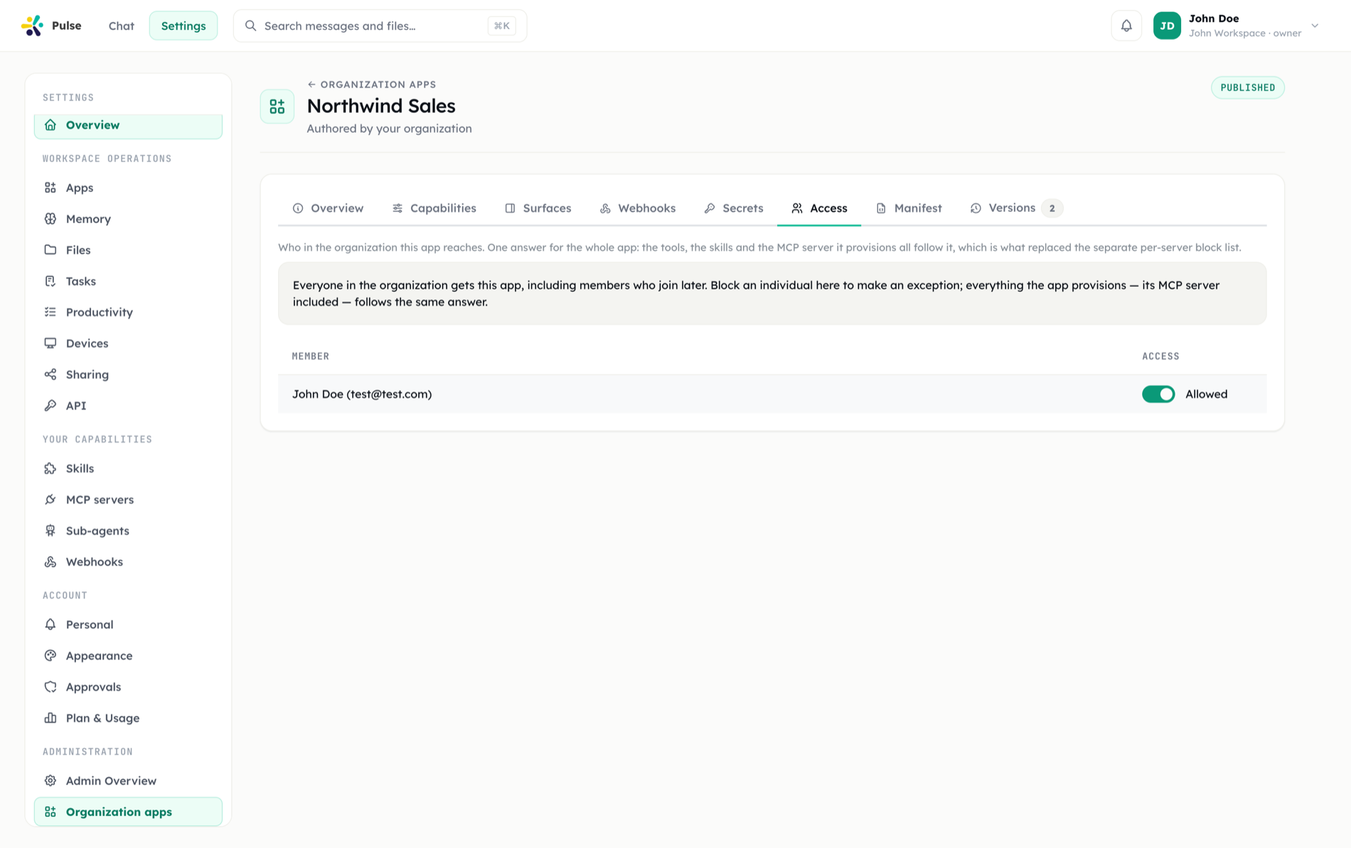 An organization app's authoring page showing the Overview, Capabilities, Surfaces, Webhooks, Secrets, Access, Manifest and Versions tabs, with the Access tab open