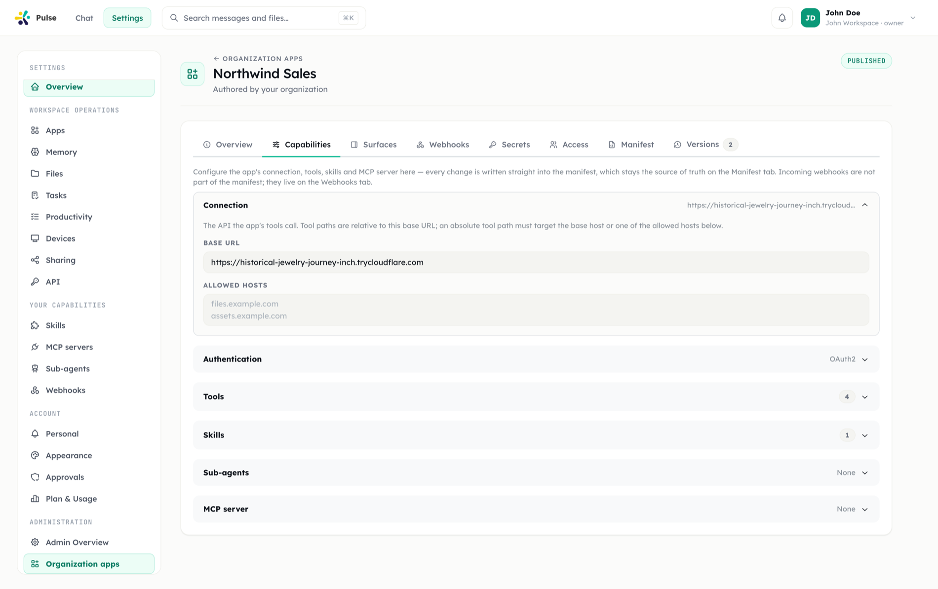 The Capabilities tab of an app's authoring page, listing the tools, skills and sub-agents the manifest declares