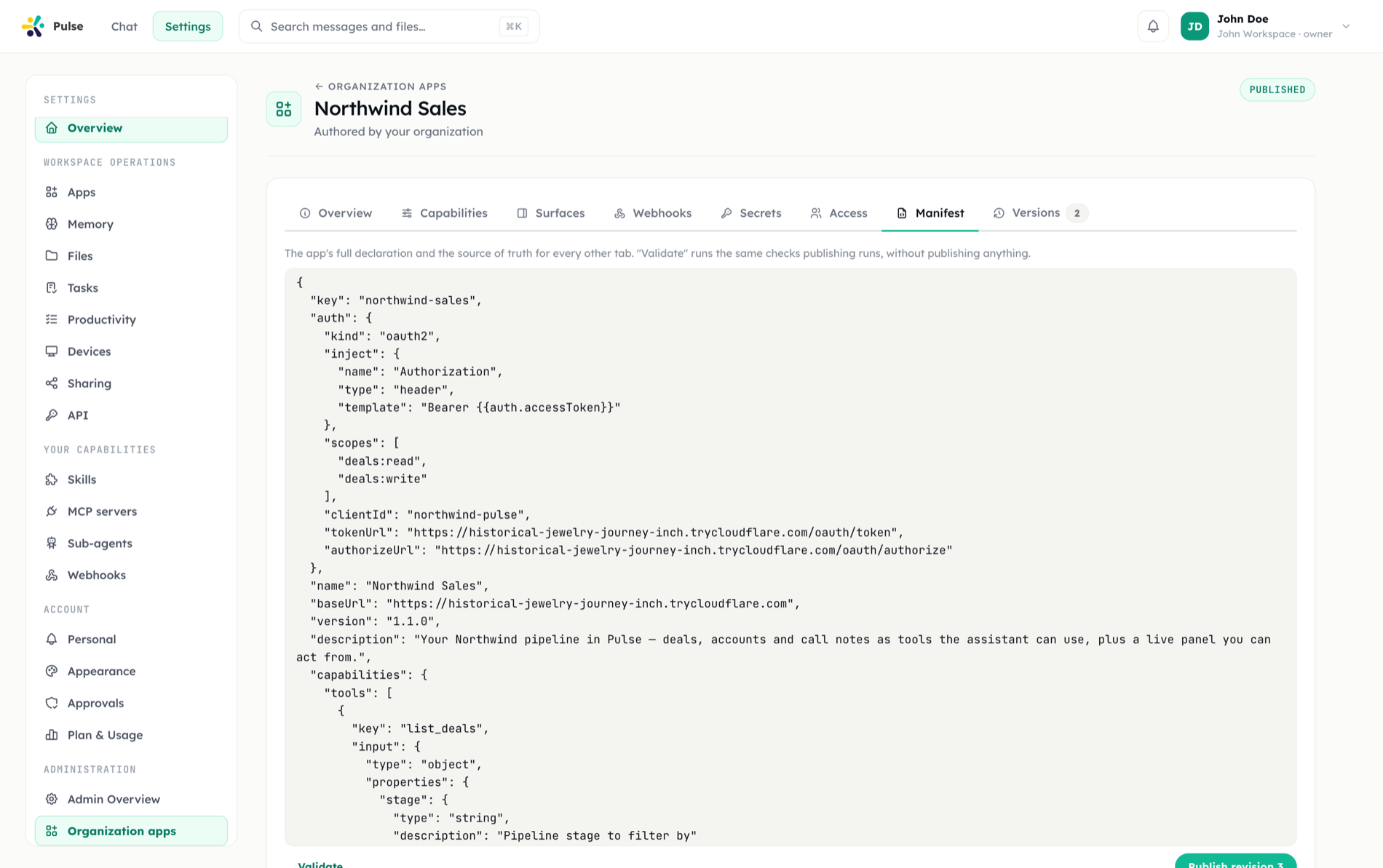 The Manifest tab of an app's authoring page, showing the JSON document with Validate and Publish actions