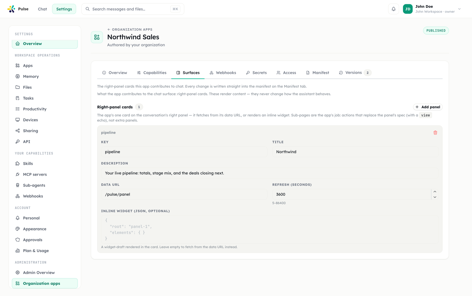 The Surfaces tab of an app's authoring page, where the right-panel cards the app contributes to chat are edited