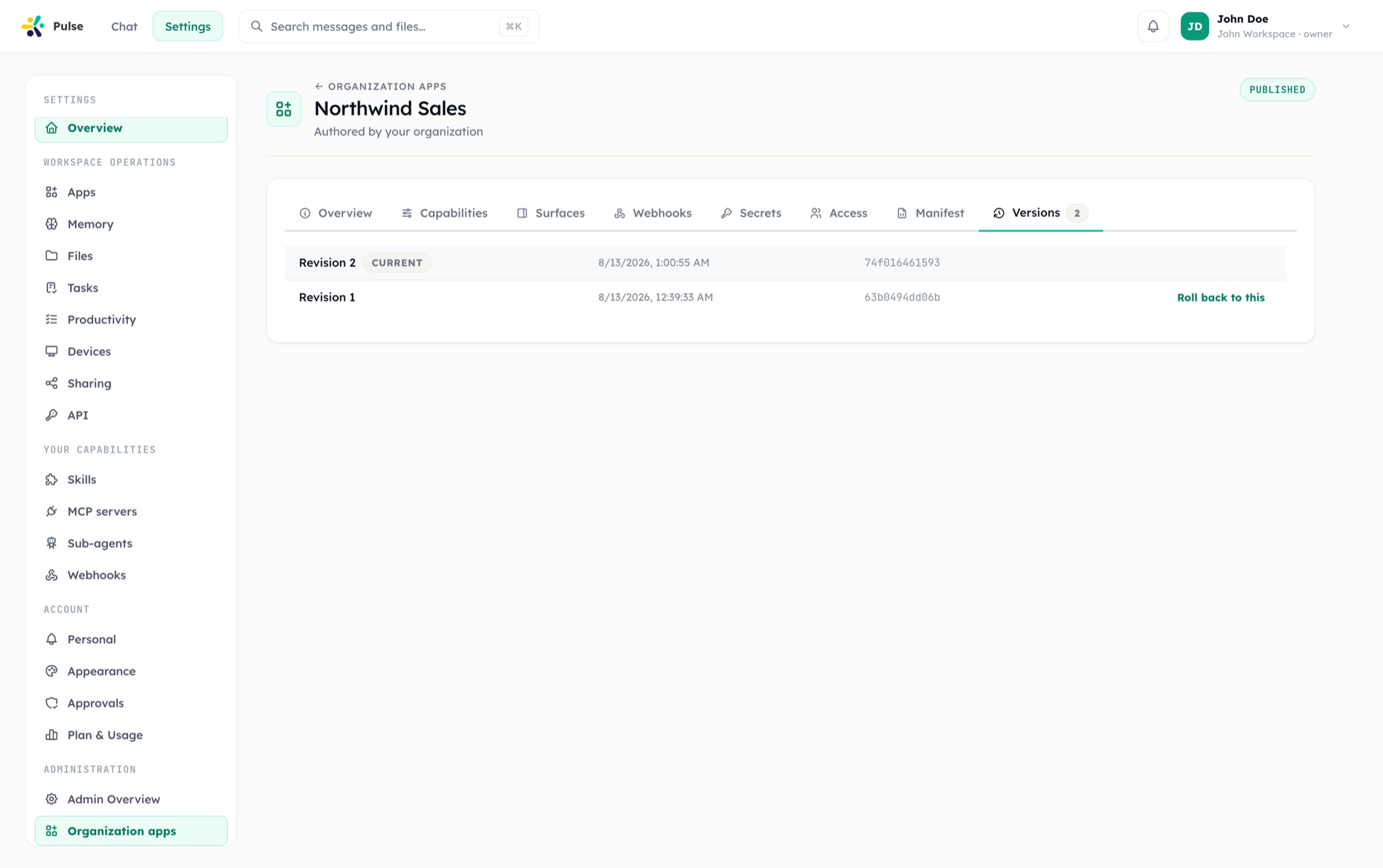 The Versions tab of an app's authoring page, listing published revisions with a rollback action