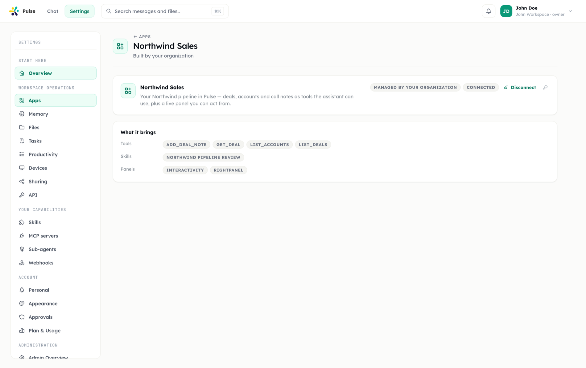 A member's app detail page showing a connected app, a Disconnect action, and a What it brings section listing tools, skills, MCP servers and panels
