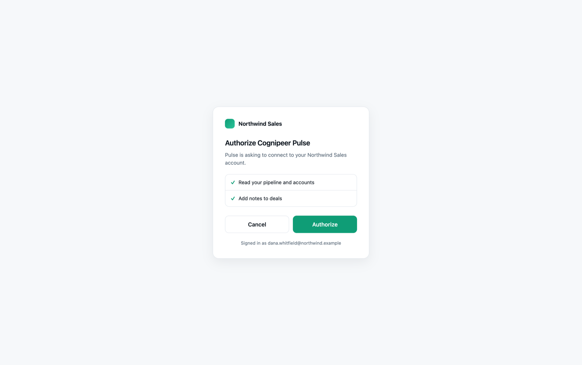 A third-party consent screen titled Authorize Cognipeer Pulse, listing the access being requested with Cancel and Authorize buttons