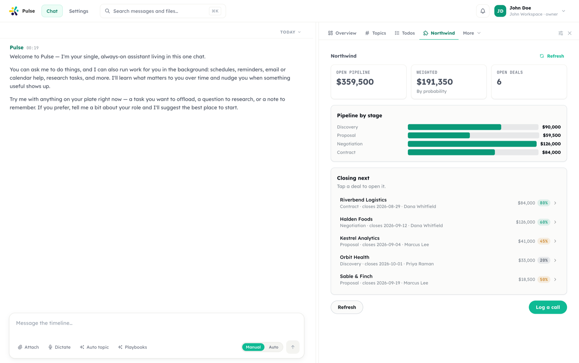 An app's live panel beside the Pulse timeline, showing pipeline totals, a chart by stage and a tappable list of deals