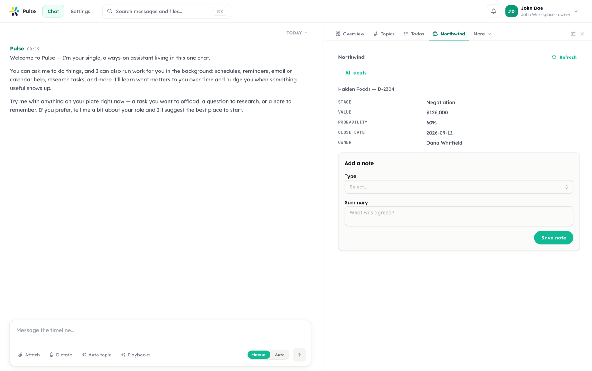 The same app panel after tapping a deal: an All deals back link, the deal's facts as a key-value list, and an Add a note form with a type select, a summary field and a Save note button