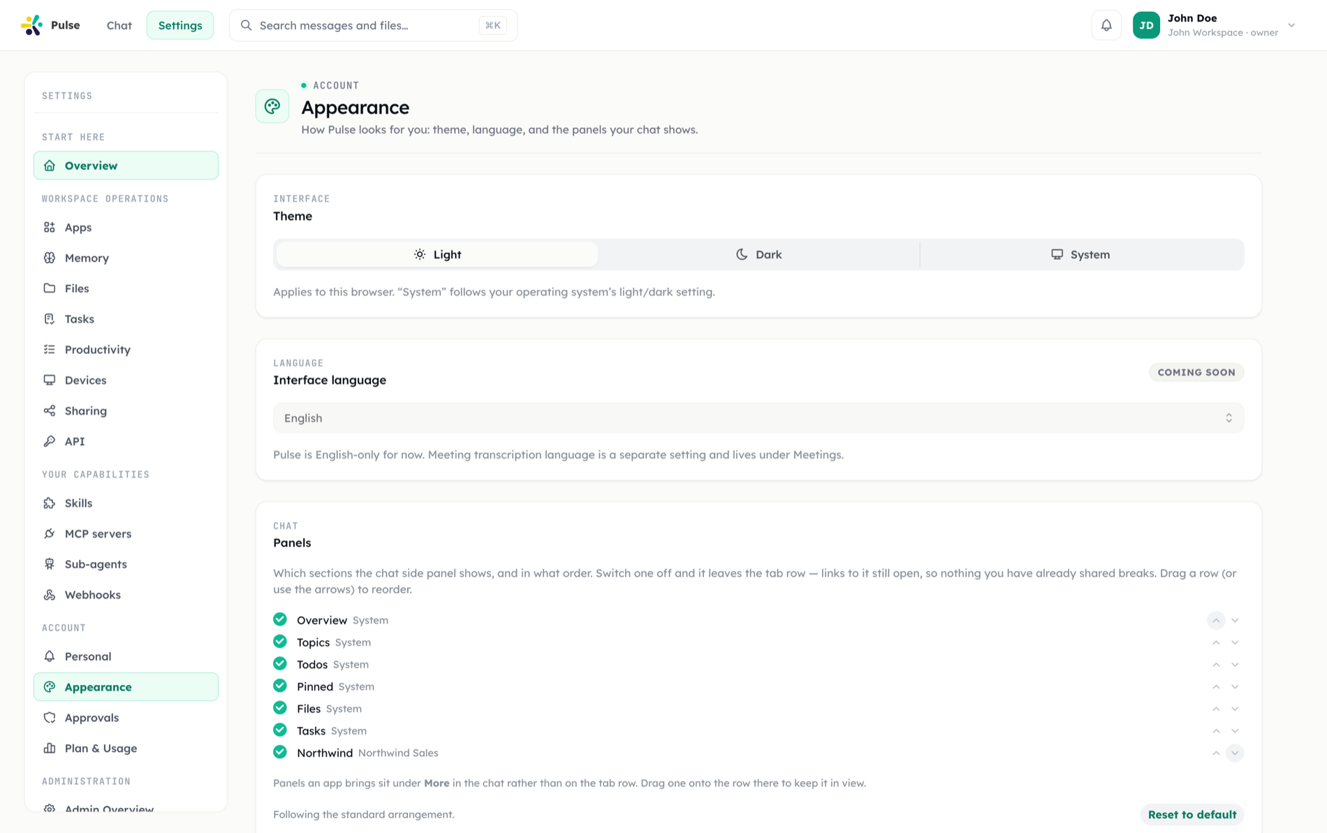 The Appearance settings page with theme, interface language and chat panel arrangement