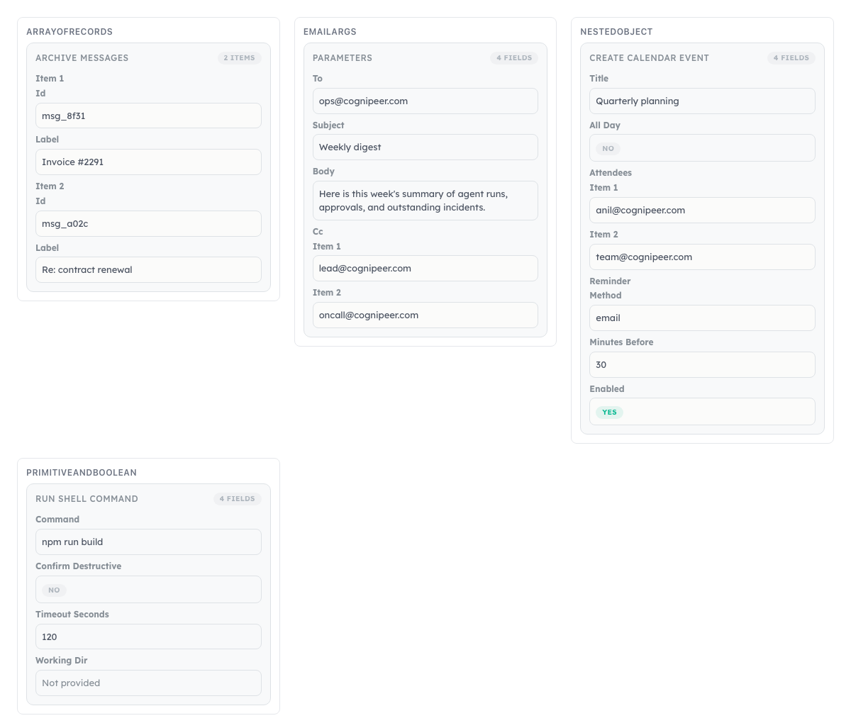 An approval request expanded to show the full arguments — email parameters, a calendar event, and a shell command — before the action runs