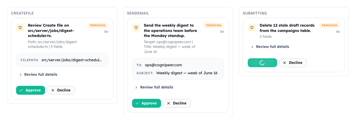 Pending approval cards in the Pulse timeline, each showing the action, a PENDING badge, and Approve/Decline controls