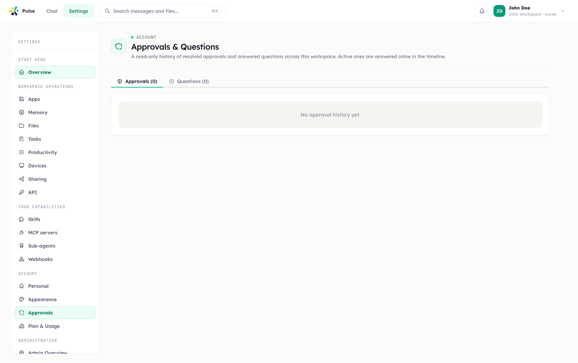 The Approvals and Questions settings page, a read-only history of approvals and ask-user questions from the main chat