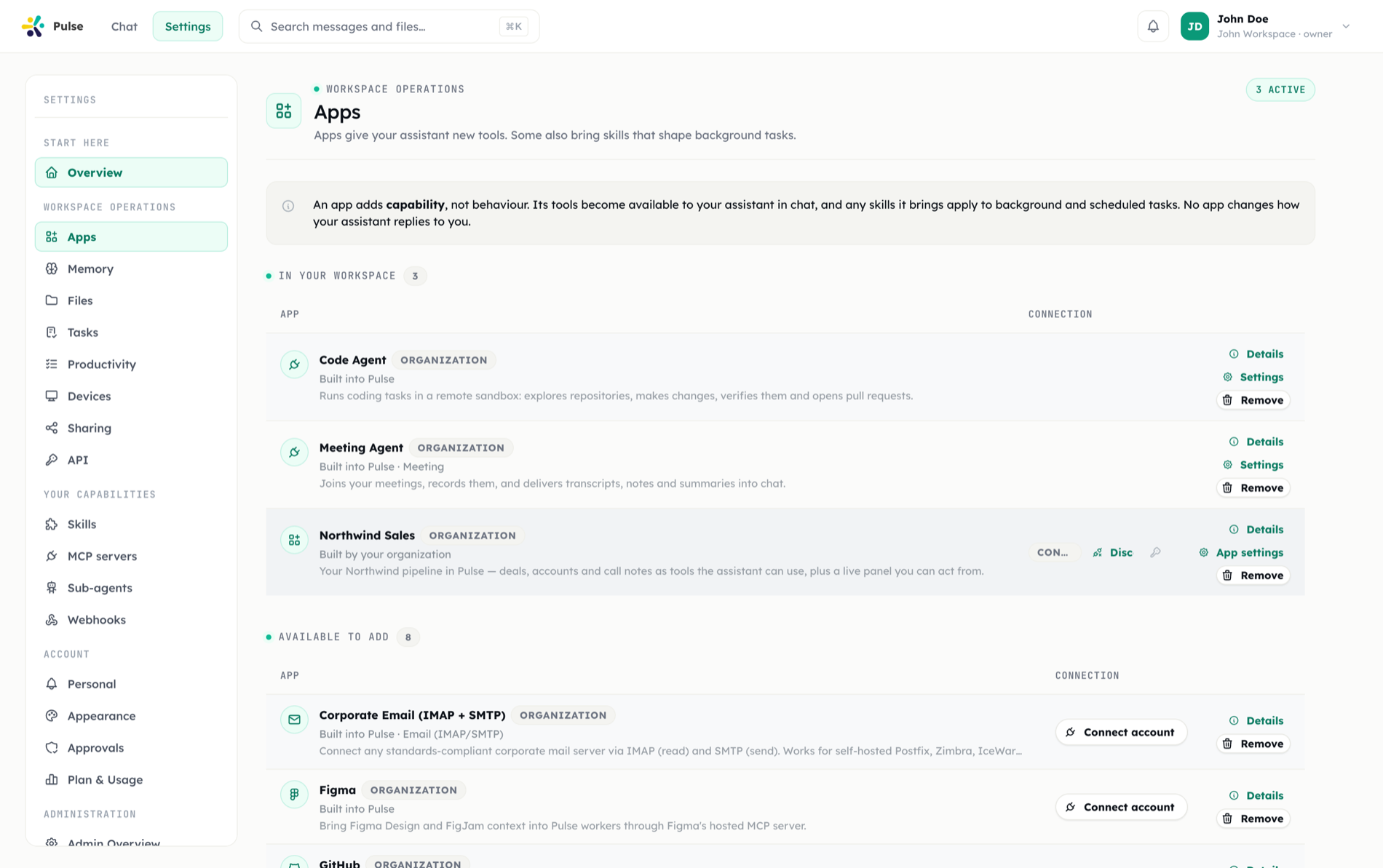 The Apps hub: apps in your workspace with their connection state, and a list of apps available to add