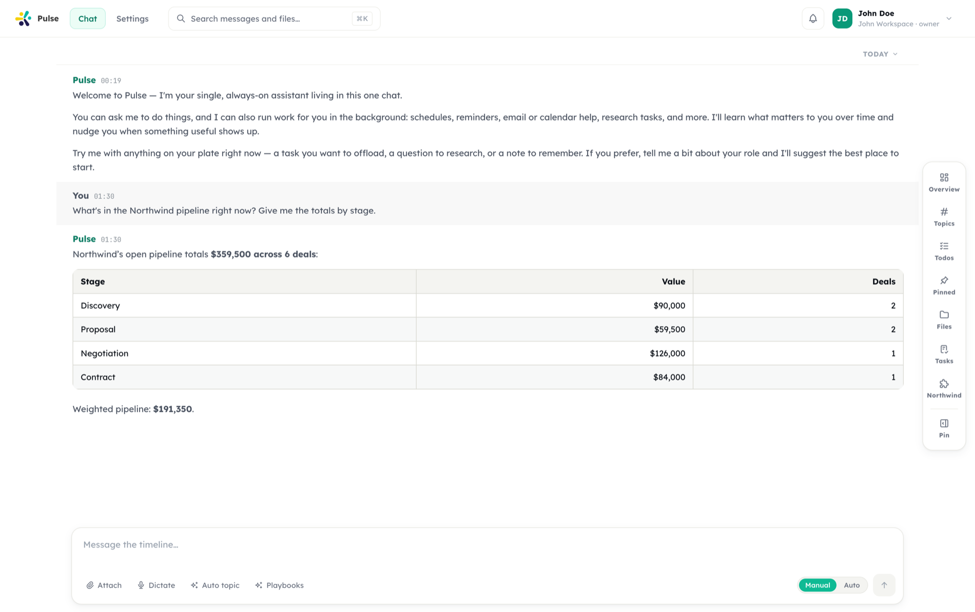 A Pulse conversation: the user asks what is in the Northwind pipeline, and the assistant answers with a table of value and deal count by stage, with the app's own panel available in the rail beside it